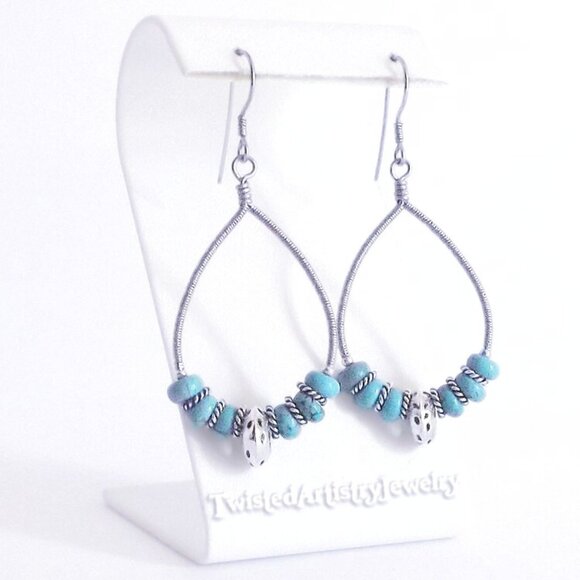 Turquoise Wire Wrapped Teardrop Hoop Earrings - Picture 1 of 3